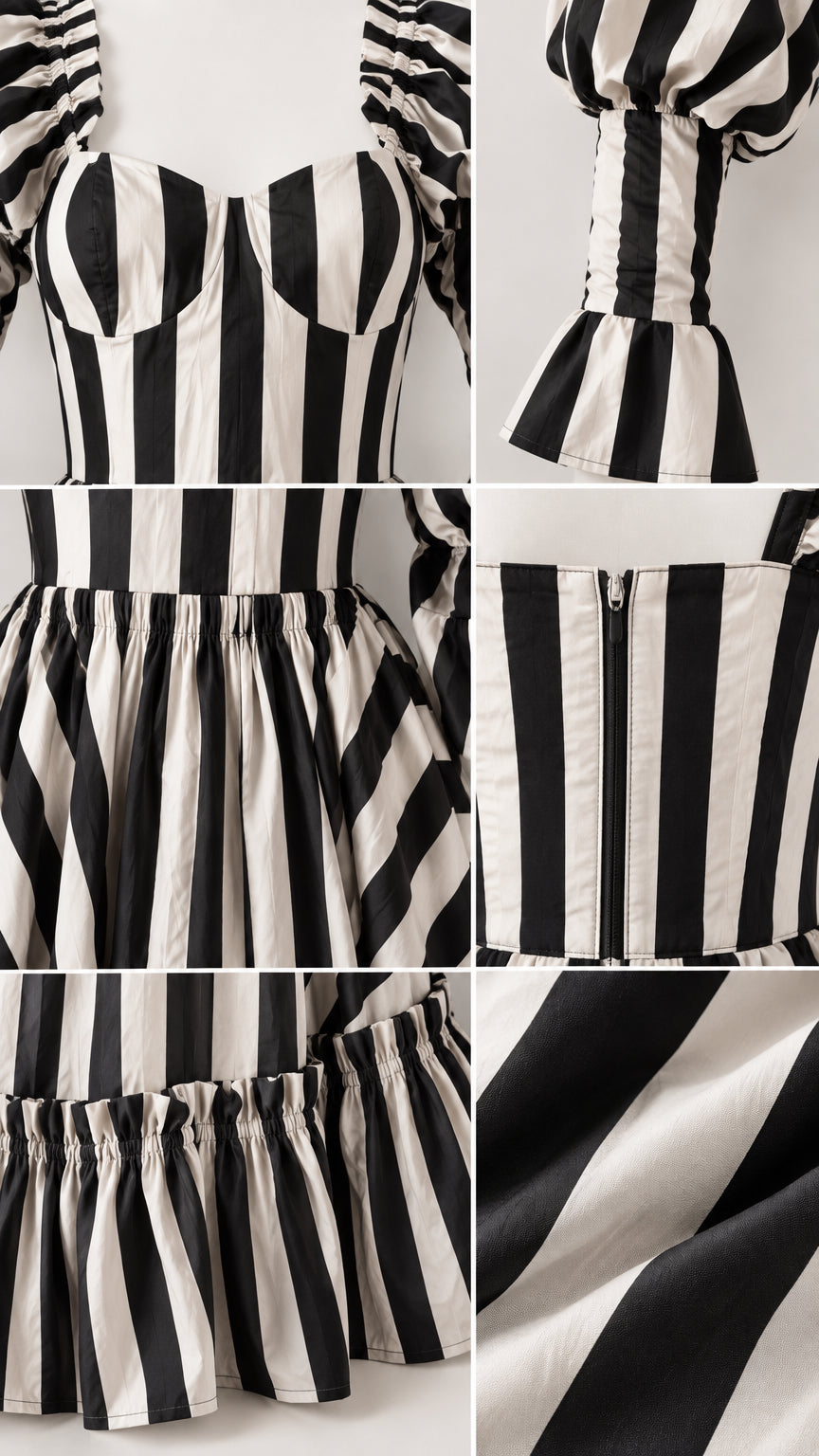 Collage of detailed construction shots showing sweetheart neckline, puff sleeve cuffs, back zipper, and tiered ruffle hem