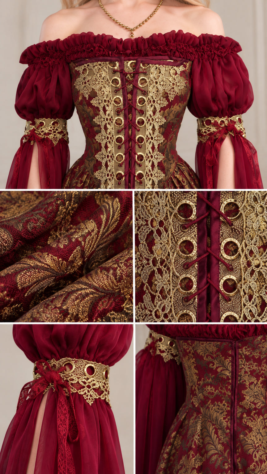 Close-up details of burgundy gown showing ruffled neckline, gold damask fabric, eyelet lace-up, and cuffs