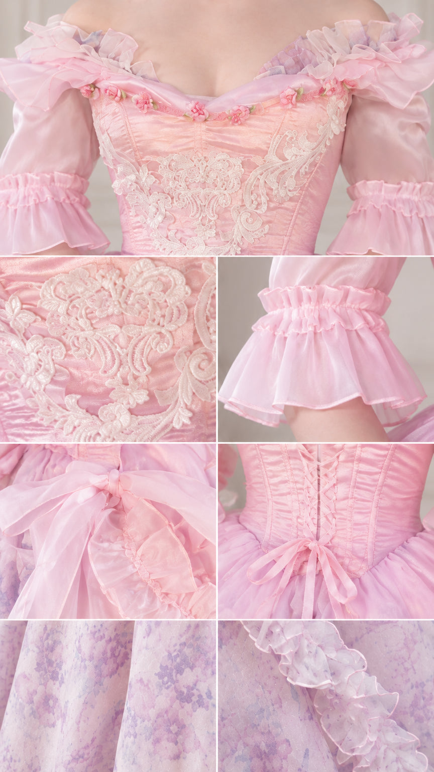 Close-up details of the pink gown showing lace embroidery, ruffle cuffs, and corset tie back