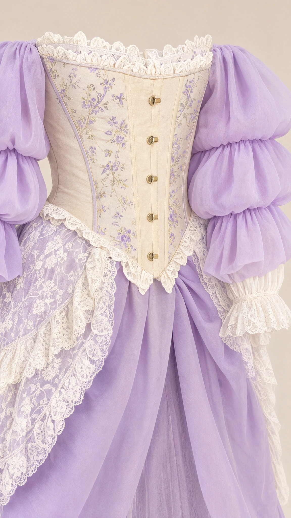 Close-up detail of embroidered corset bodice with metal clasps and lavender puff sleeves
