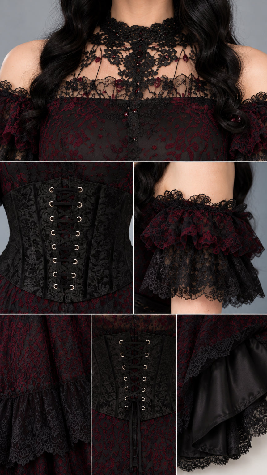 Close-up details of illusion lace neckline, front corset lacing, ruffled sleeves, and tiered hem
