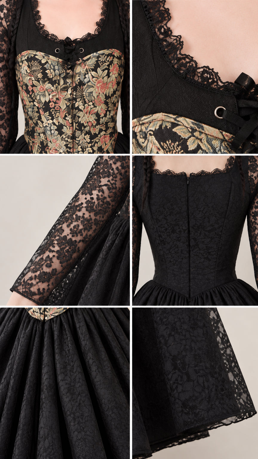 Close-up details of the tapestry bodice, lace sleeves, and zip back closure