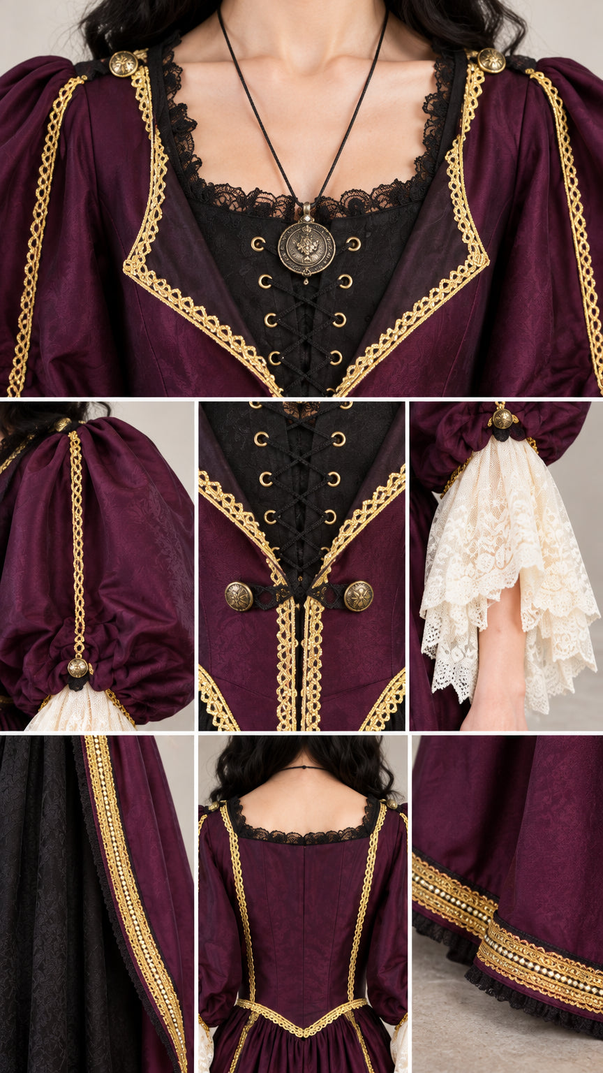 Detailed collage of bodice lace inserts, front corset lacing, gold braid trim, and lace bell sleeves