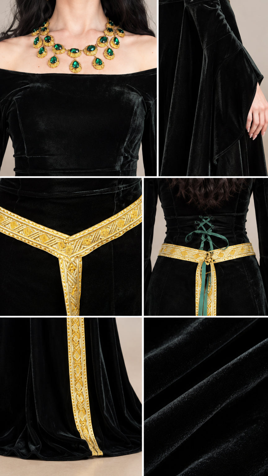 Detailed close-up collage of the off-shoulder neckline, gold embroidered waist trim, back corset ties, and plush velvet texture