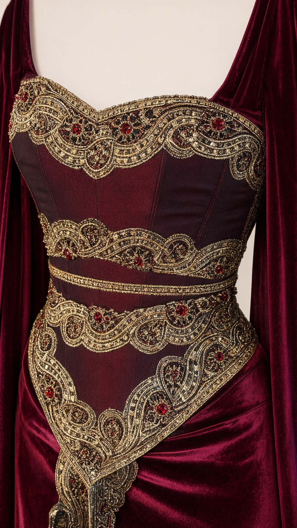 Close up of intricate gold embroidery and jewel detailing on burgundy velvet bodice