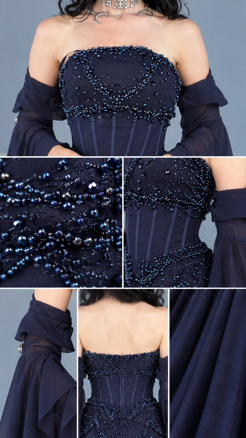 Detailed close-up collage of navy blue beadwork, boning construction, and fabric texture