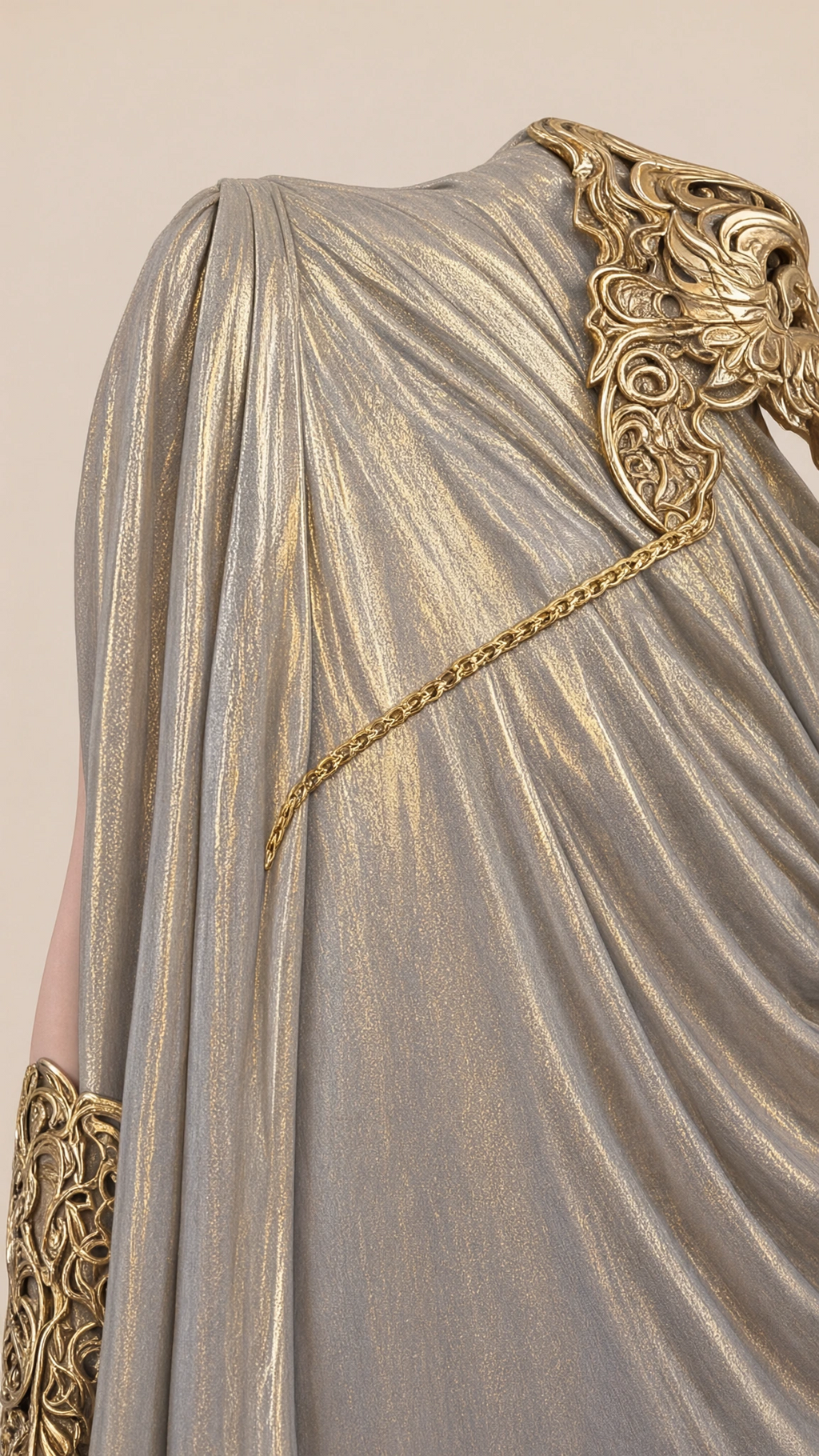 Close up of shimmering metallic fabric draping and ornate sculpted gold shoulder accent