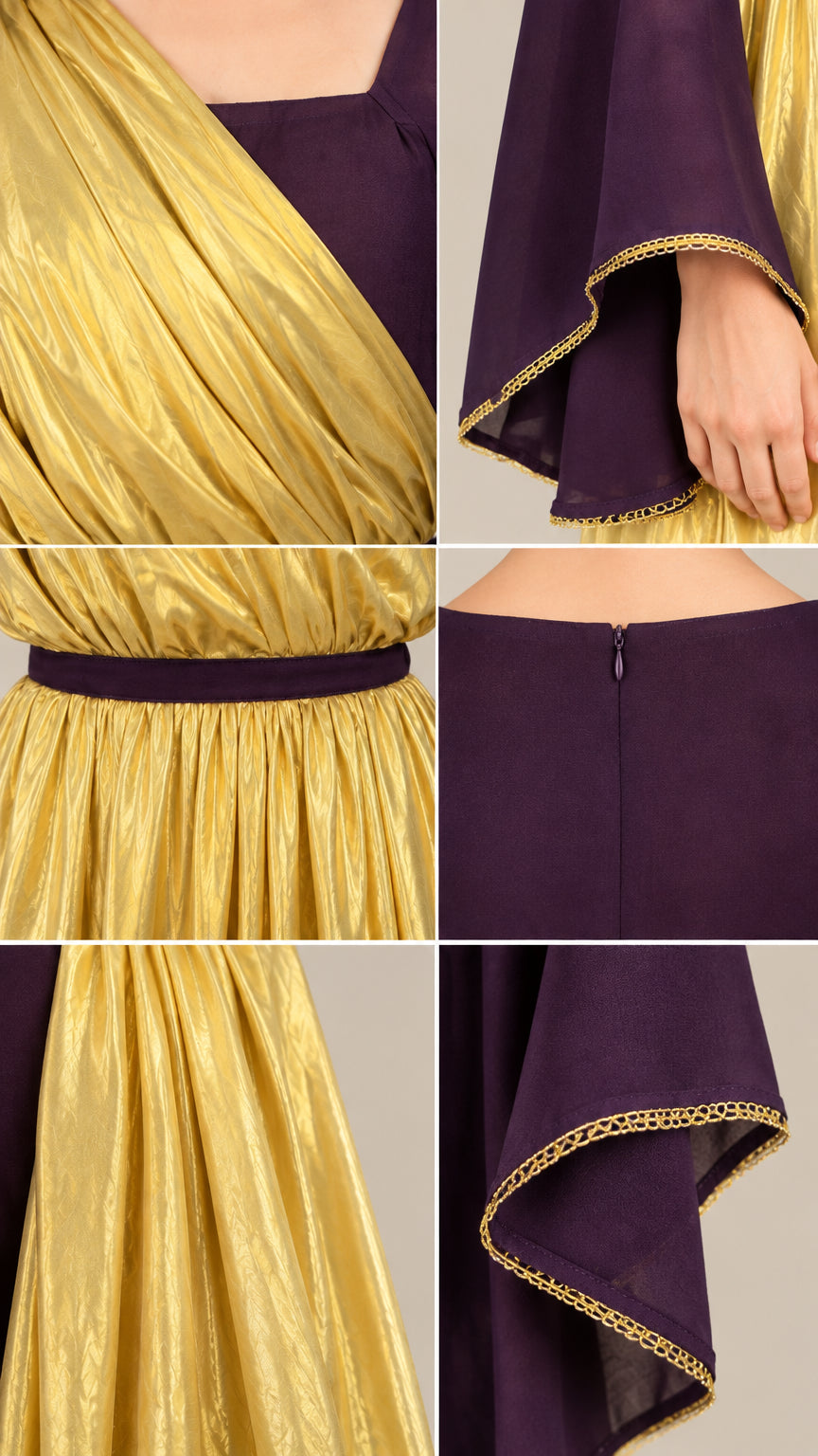 Close-up details of draped gold fabric, bell sleeve trim, and back zipper