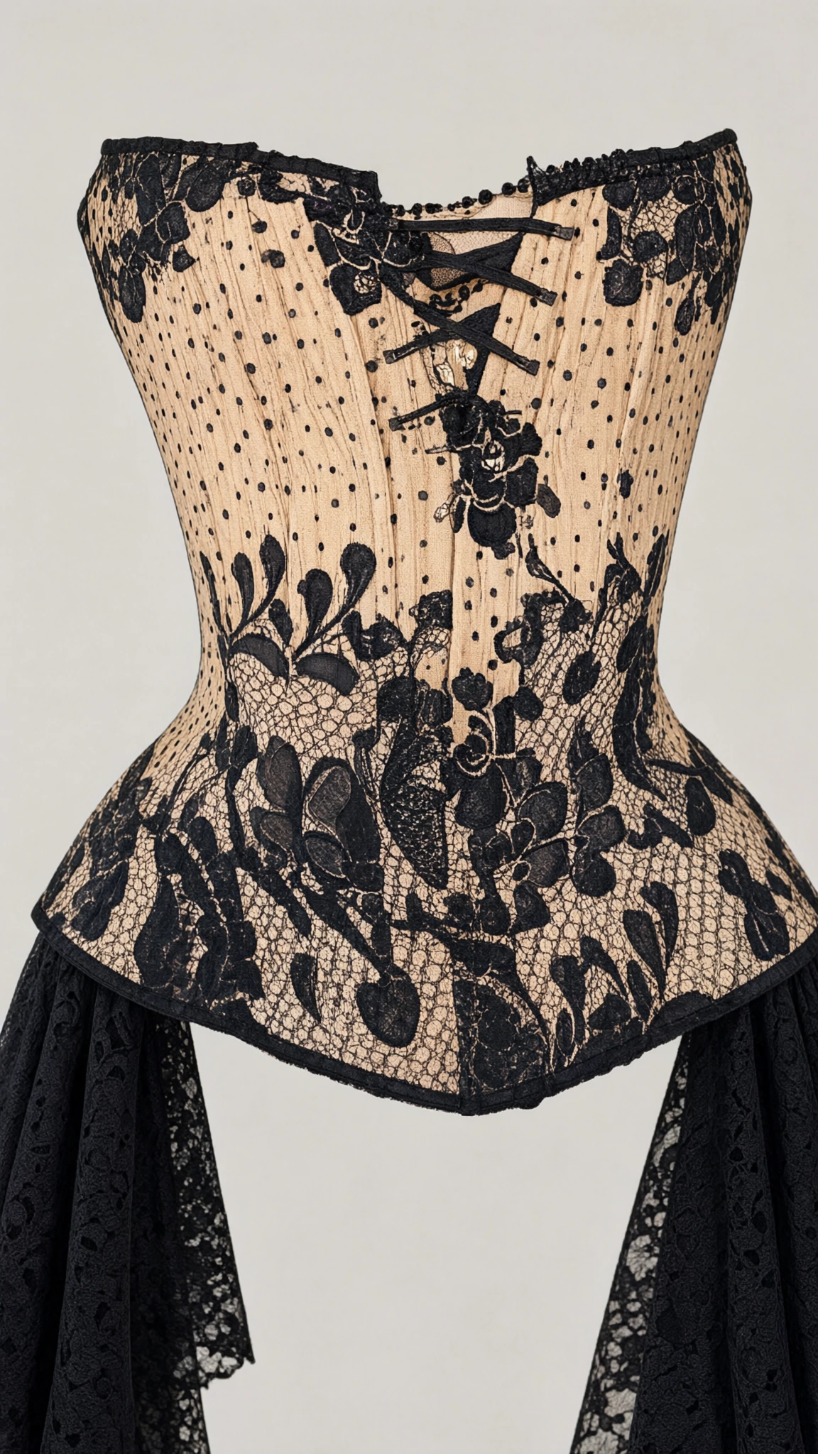 Close-up detail of beige and black floral lace corset bodice with lace-up front