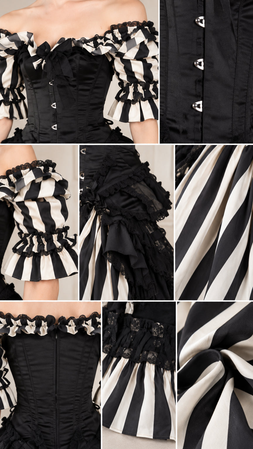 Close-up details of corset busk closures, ruffled sleeves, and striped skirt fabric