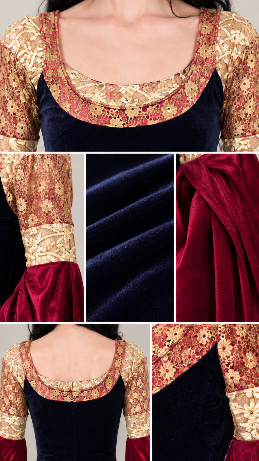 Close-up details of embroidered gold lace neckline, sleeve cuffs, and rich velvet fabric texture