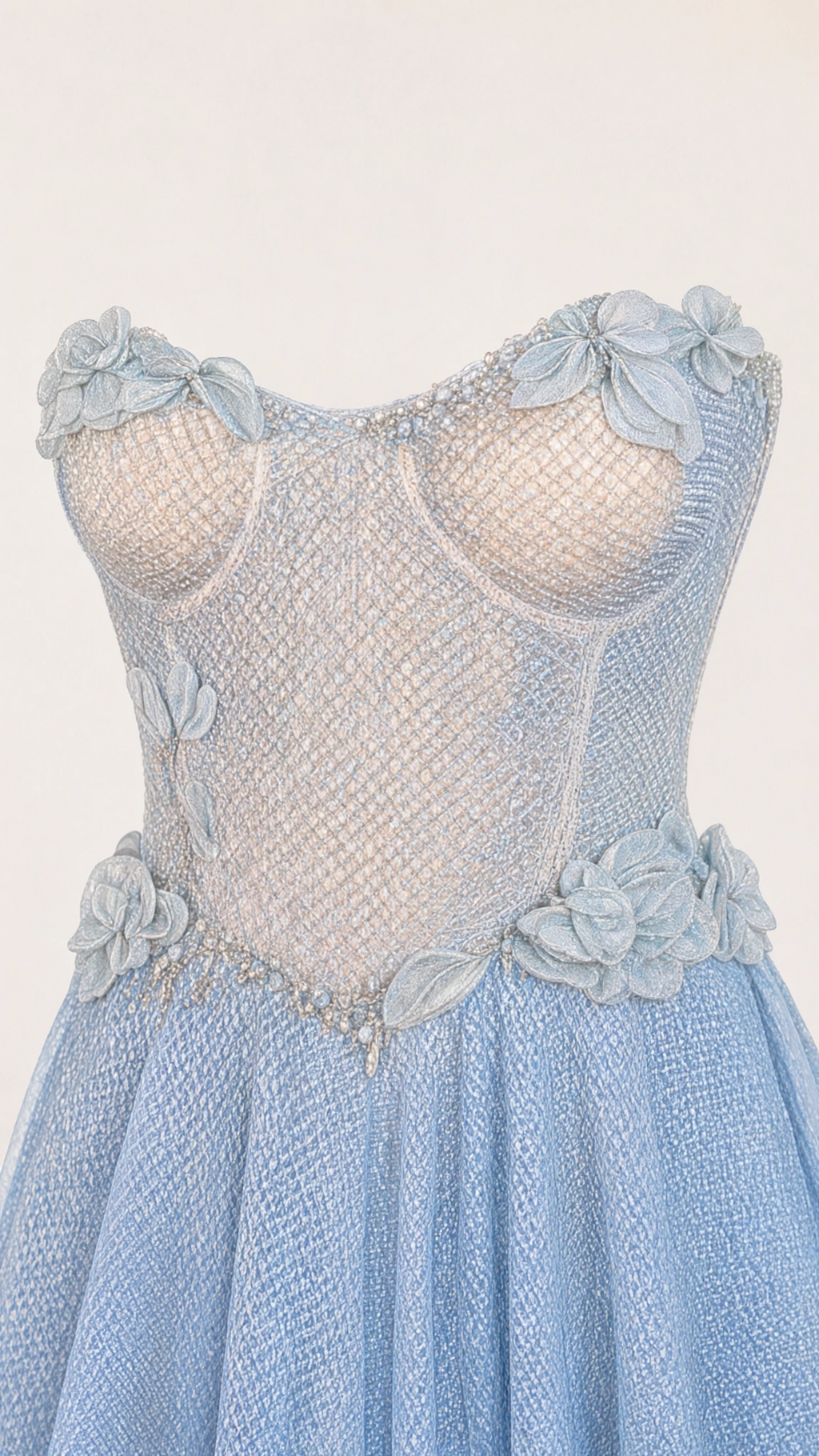 Close-up detail of textured light blue bodice with floral appliqués and delicate beading