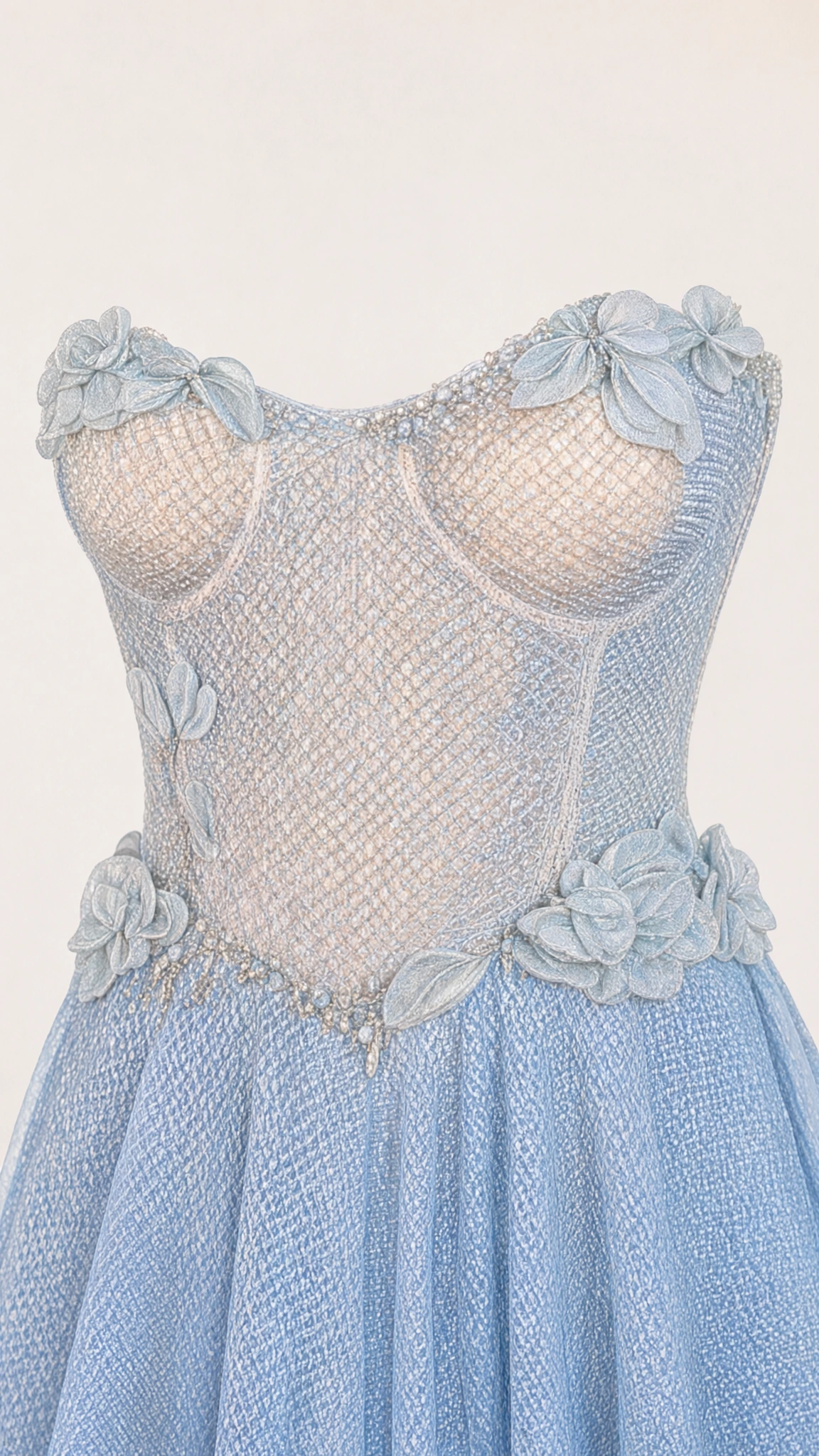 Close-up detail of textured light blue bodice with floral appliqués and delicate beading