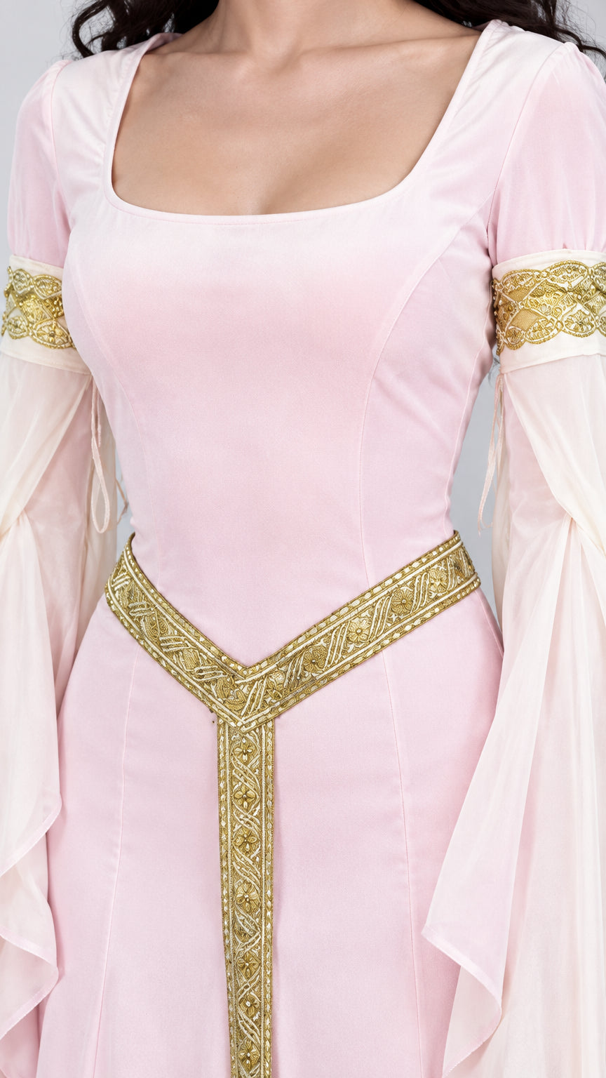 Bodice close-up of light pink renaissance gown showing gold embroidery belt and scoop neckline