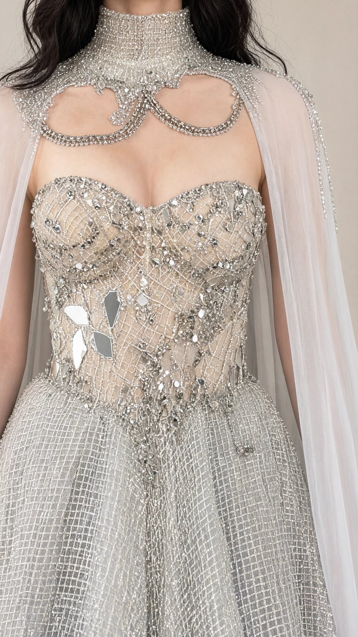 Close-up detail of silver sweetheart corset bodice featuring intricate beading, crystal embellishments, and illusion neckline