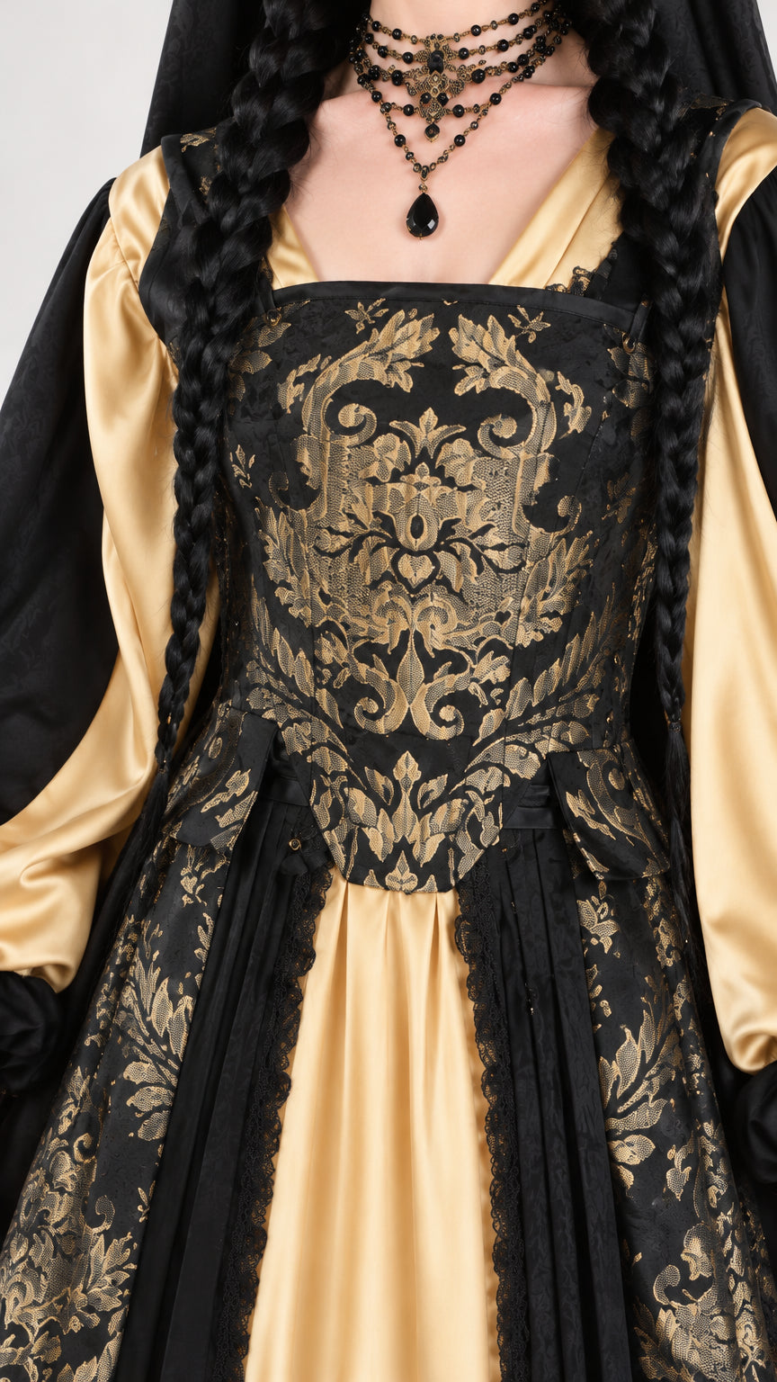 Close-up detail of square neckline and ornate gold floral brocade bodice