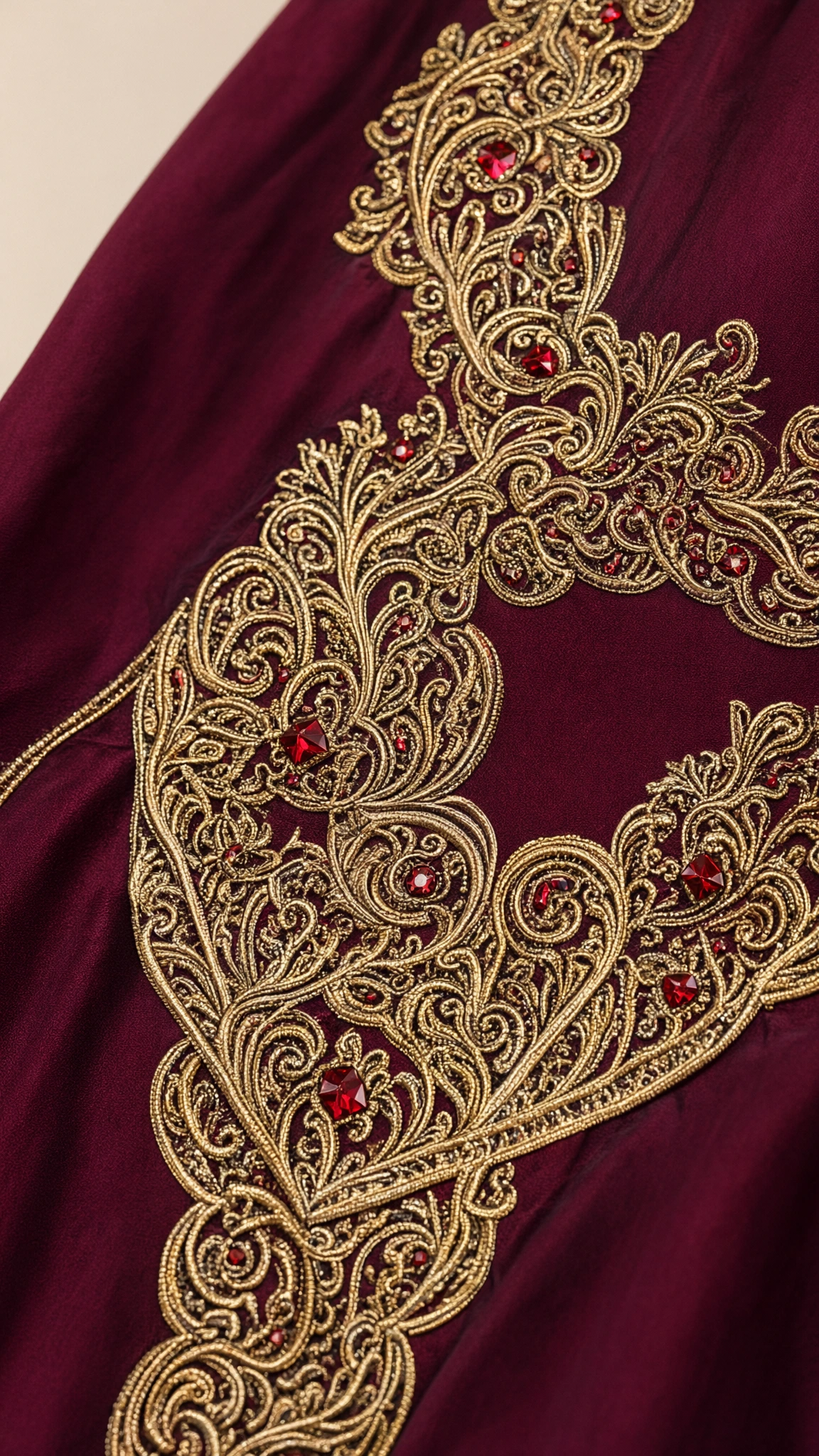 Close-up detail of ornate metallic gold filigree embroidery with gemstone embellishments