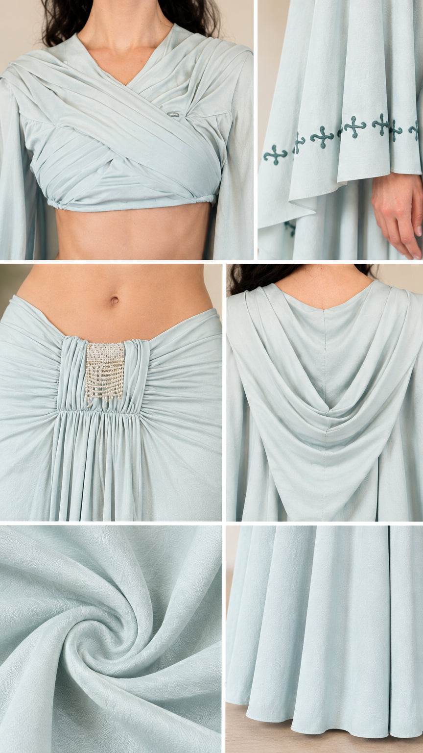 Collage of close-up construction details of the wrap crop top, cuff embroidery, and ruched skirt embellishment