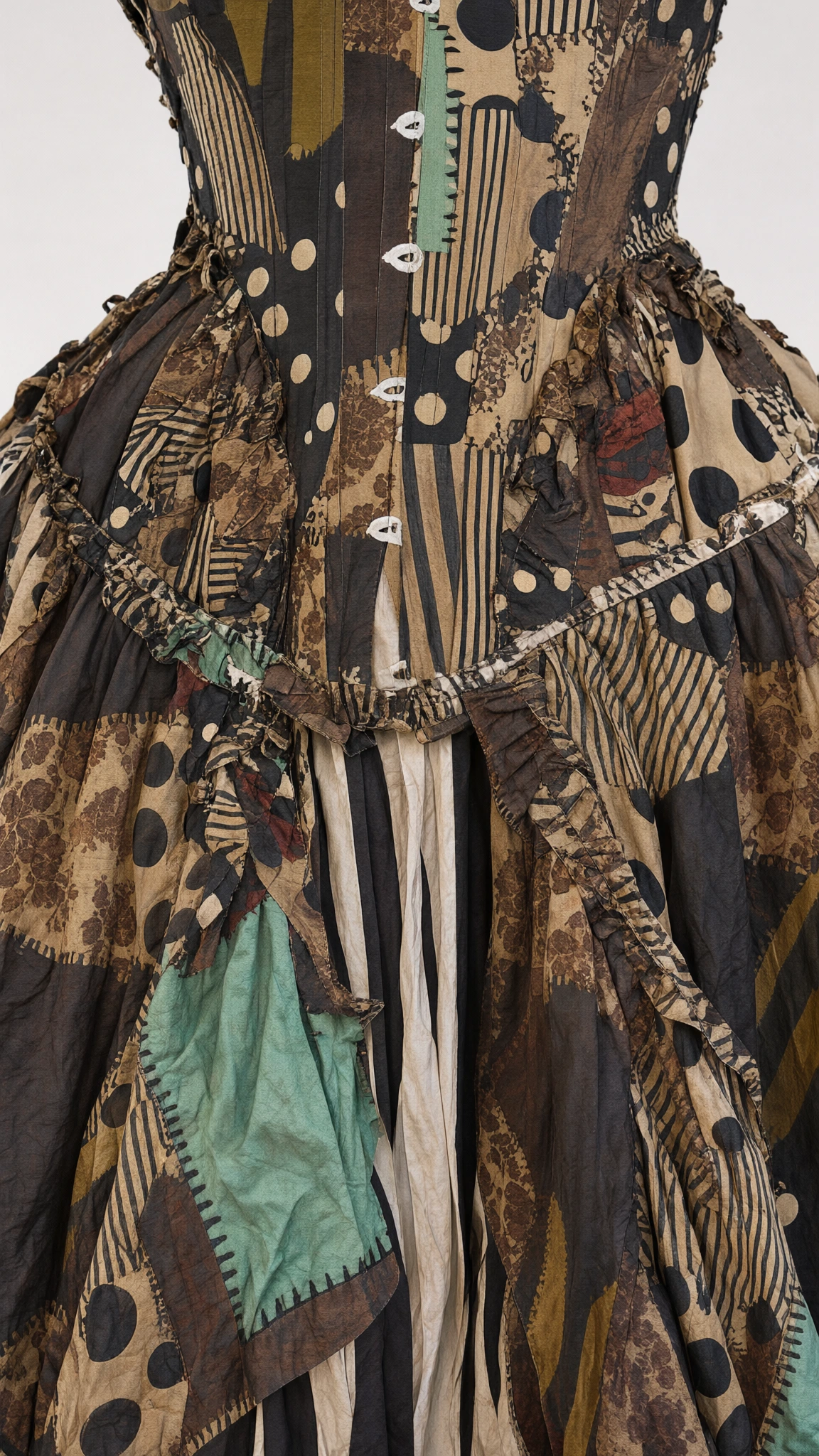 Close-up detail of structured corset bodice and patchwork skirt fabrics