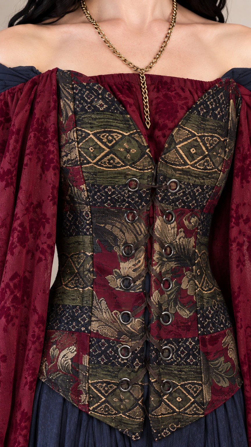 Close-up detail of ornate jacquard patterned bodice and metal eyelet accents