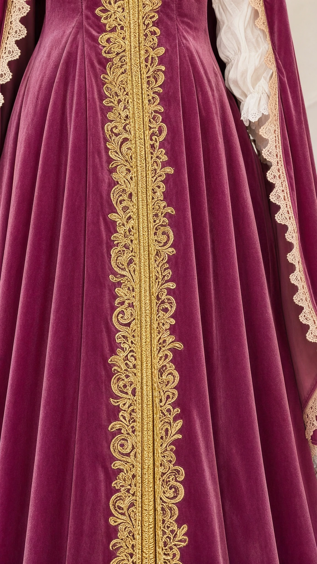 Detailed close-up of intricate gold filigree embroidery and scalloped lace trim on rich velvet fabric