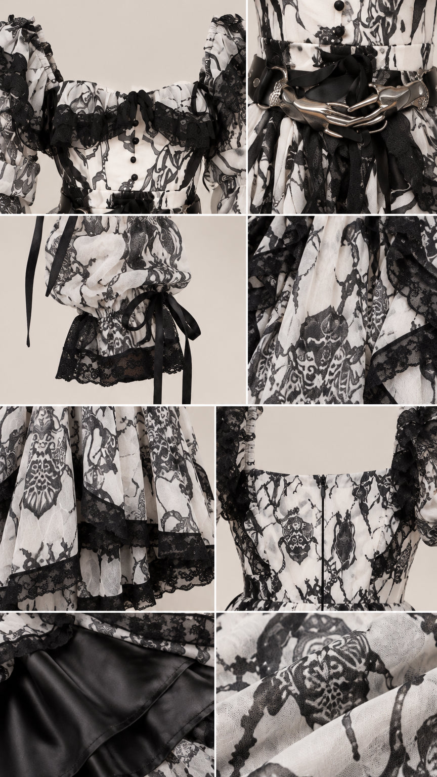 Detailed close-up collage of neckline lace trim, waist belt buckle, ruffled cuffs, and fabric texture