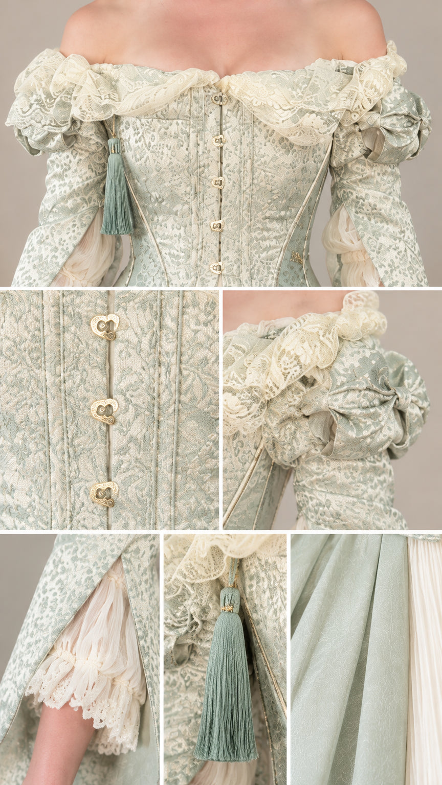 Detailed close-up collage of jacquard bodice, heart clasps, lace trim, and tassel embellishments