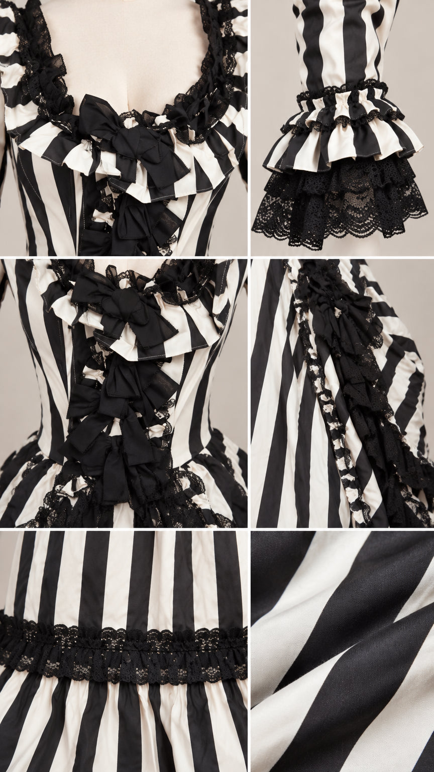 Close-up details of ruffled neckline, lace cuffs, bow accents, and striped fabric
