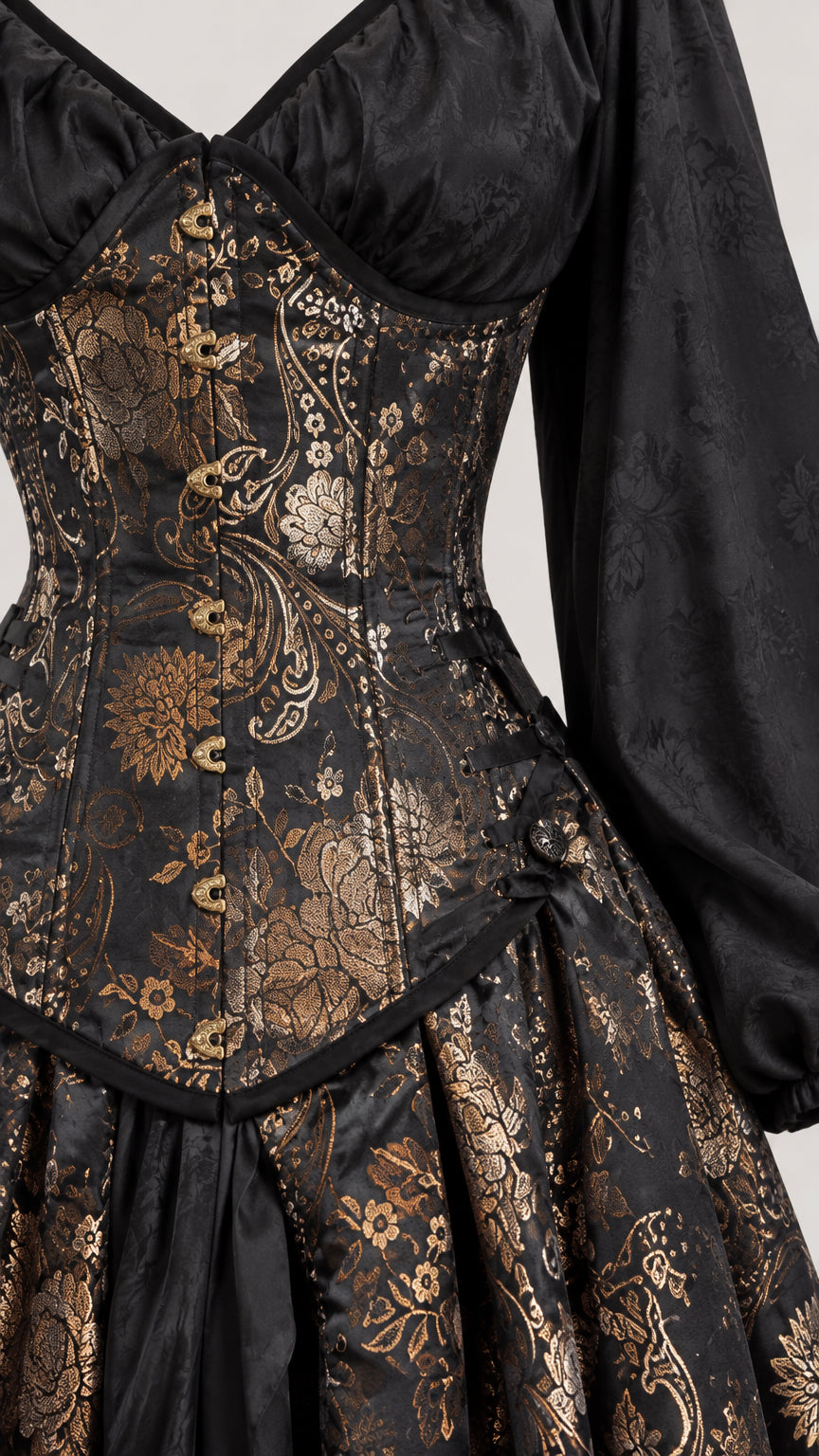 Close up view of ornate black and gold brocade bodice showing corset seams and sweetheart neckline