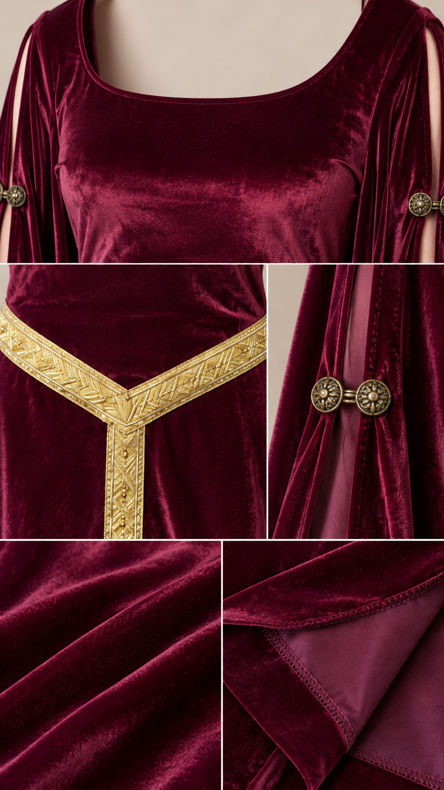 Close-up details of neckline, gold waist trim, sleeve button clasps, and velvet texture