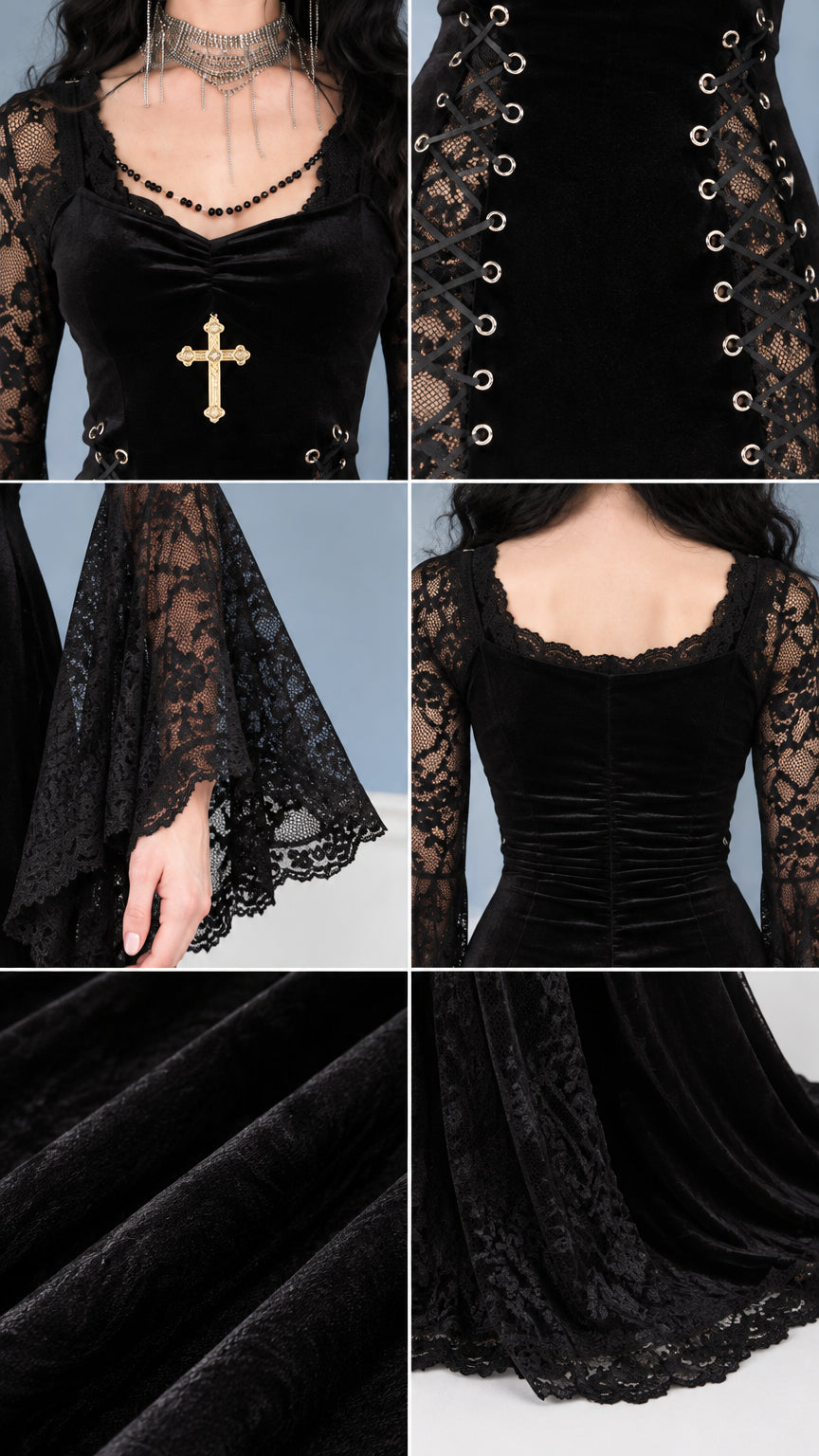 Close-up details of lace bell sleeves, neckline pendant, eyelet lace-up, and velvet fabric