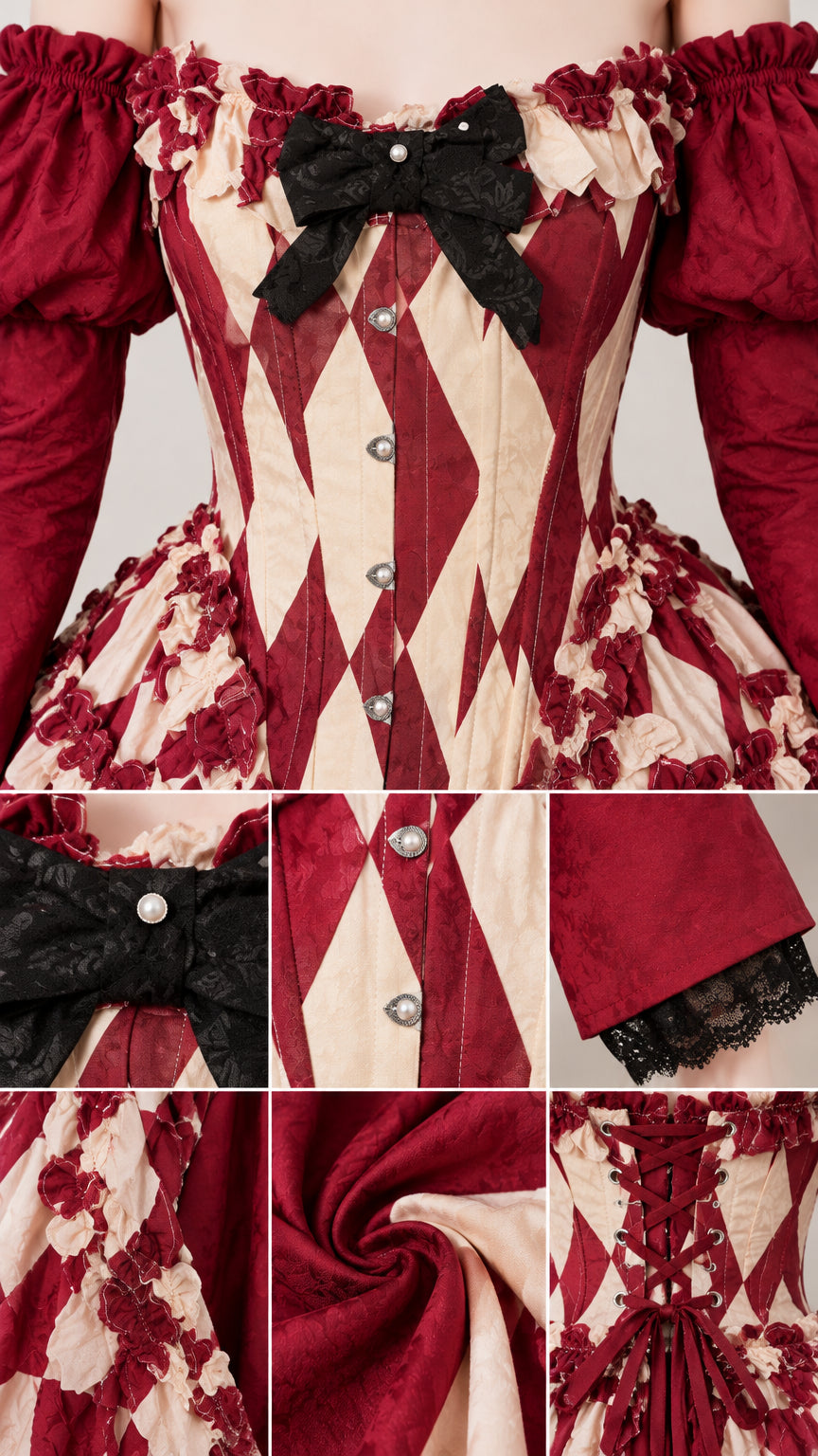 Detailed close-up collage of neckline bow, button details, lace cuffs, and lace-up back
