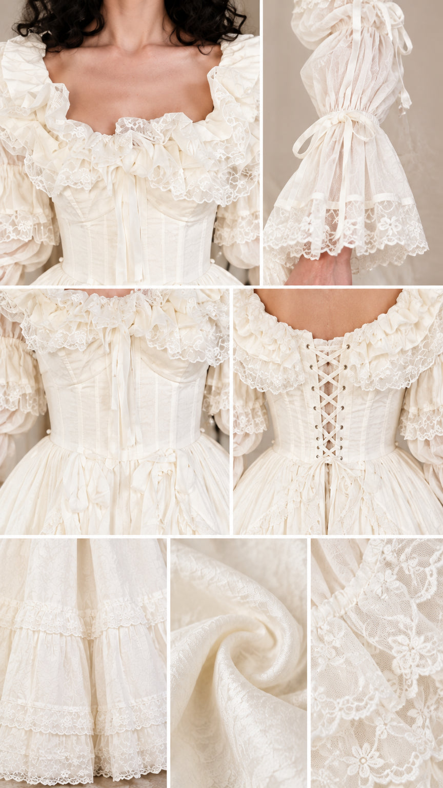 Detailed collage of lace sweetheart neckline, corset boning, ribbon-tied cuffs, and tiered lace trim
