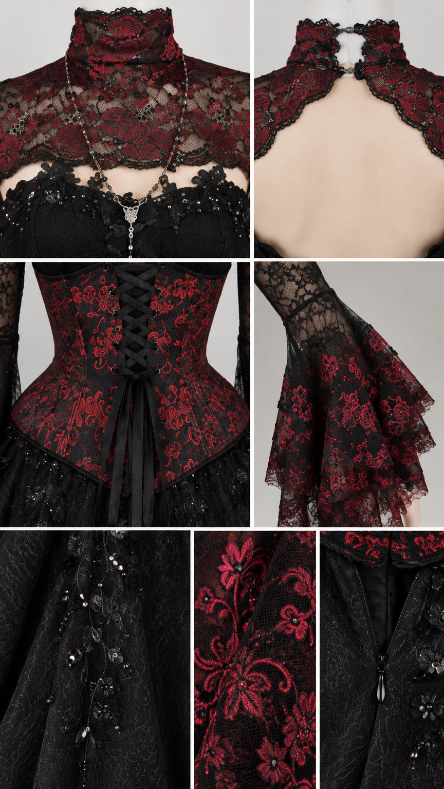 Close-up details of high lace neckline, corset lacing, flared cuffs, and bead embroidery