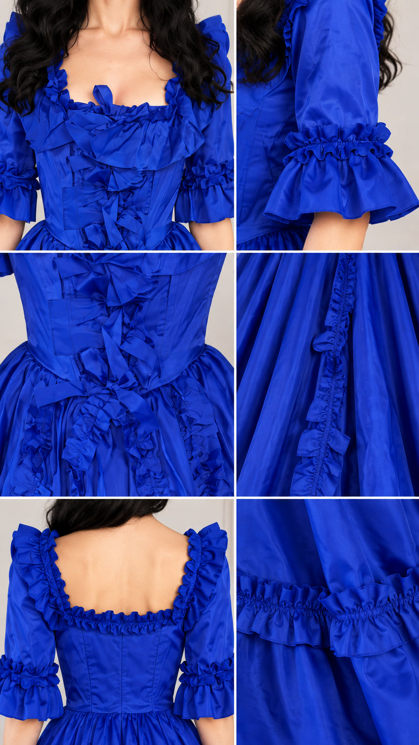 Close-up details of ruffled neckline, cuffs, and skirt pleating on royal blue gown