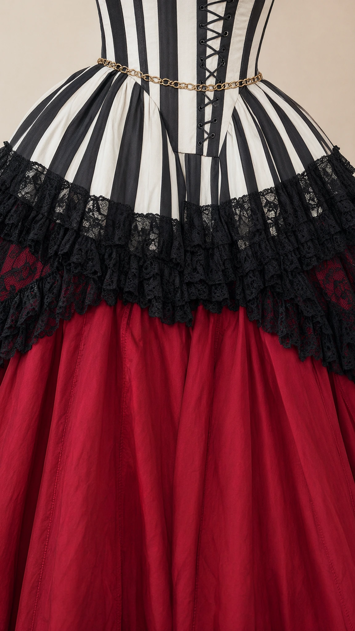 Close-up detail of striped corset bodice and multi-tiered black lace ruffles