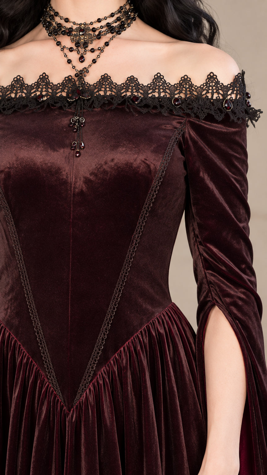 Close-up of off-shoulder neckline with black lace trim and velvet bodice