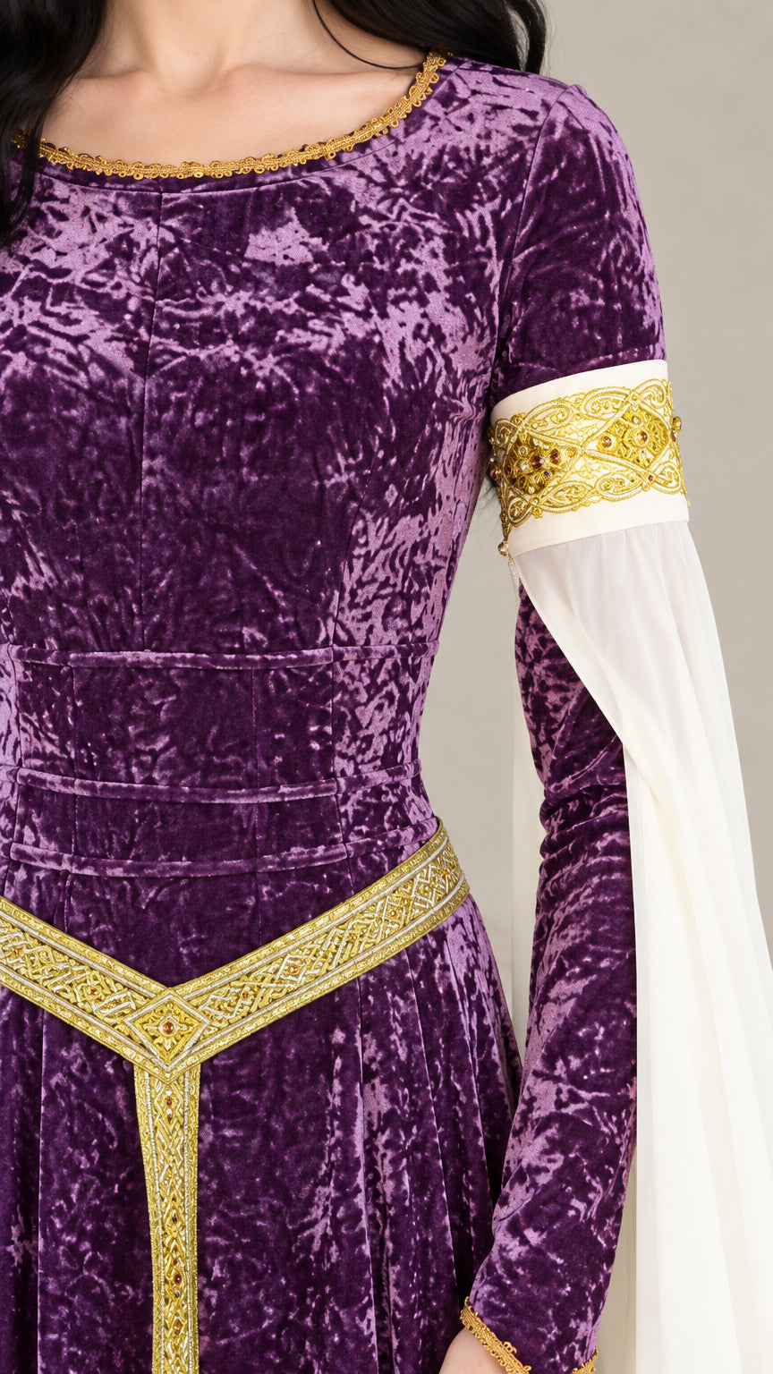 Close-up detail of purple velvet bodice with metallic gold embroidered trim and banded sheer sleeve detail