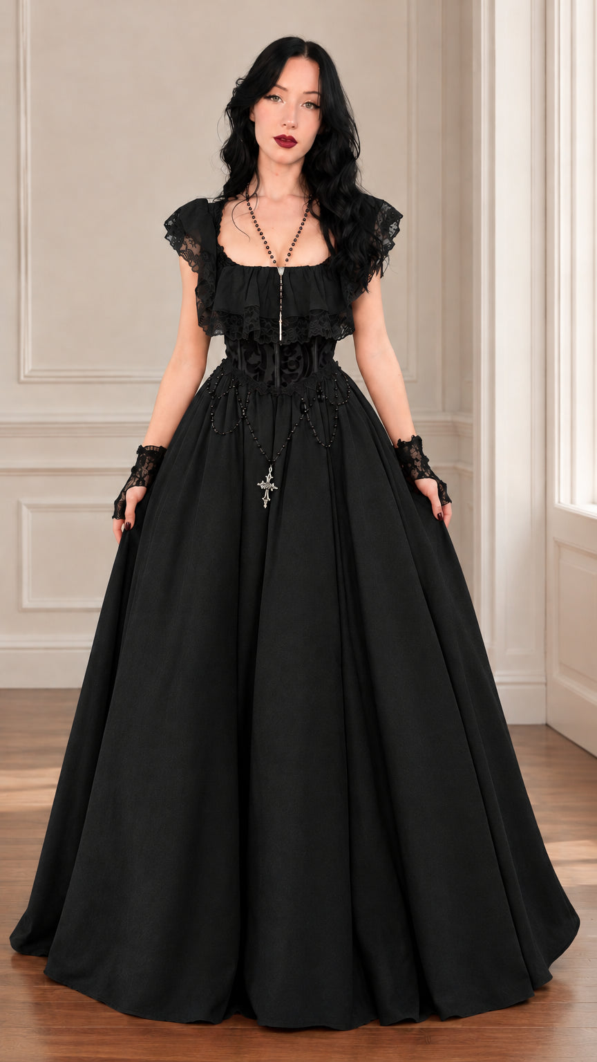 Front view of black Gothic Victorian lace ruffle maxi ball gown dress