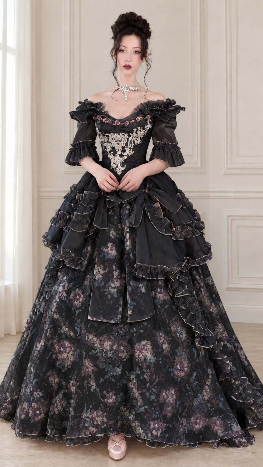 Front view of woman wearing black floral Victorian Rococo corset ball gown