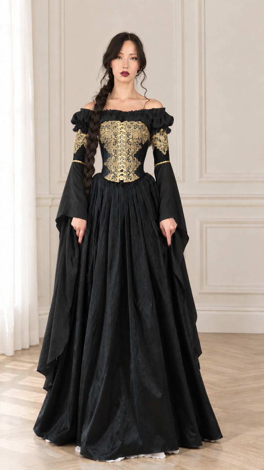 Front view of woman wearing Black Renaissance corset ballgown with gold lace bodice detailing