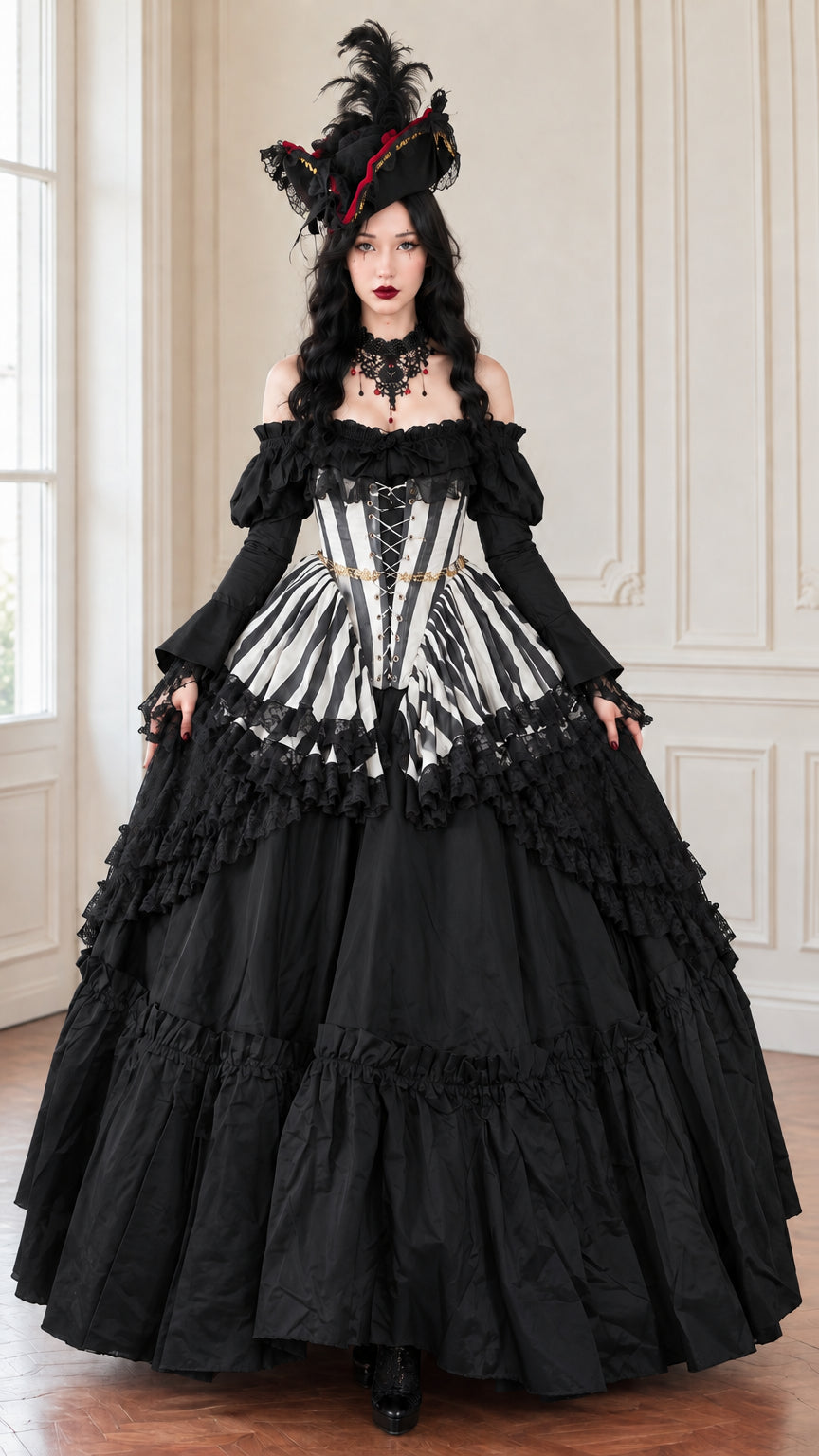 Full-length black Victorian gothic corset ballgown dress