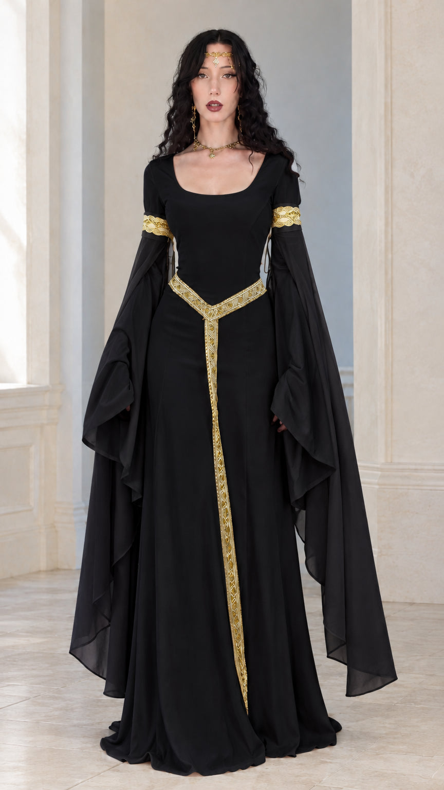 Full front view of woman wearing a black medieval gown with gold trim and black draped sleeves