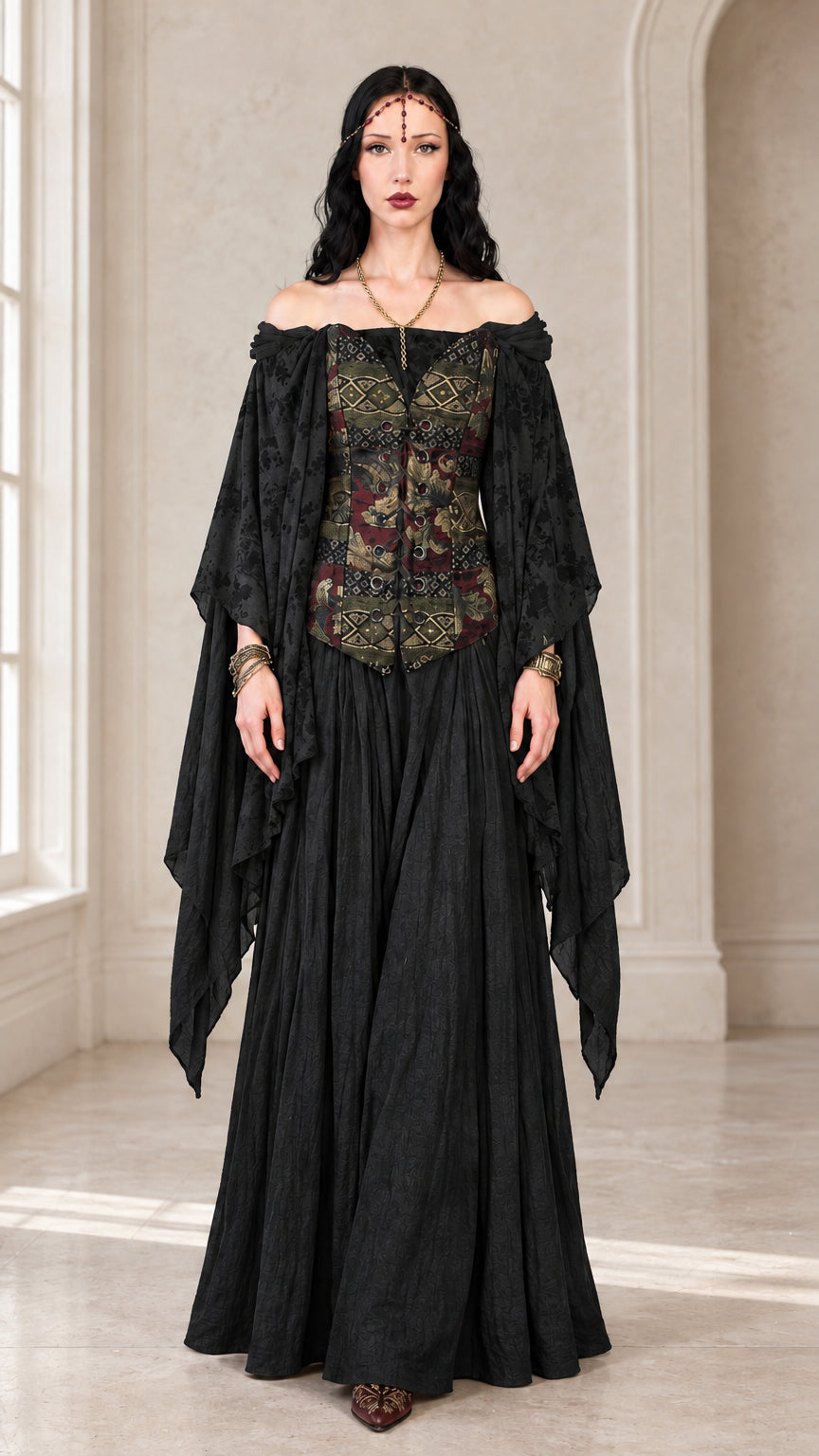 Front view of black medieval Renaissance maxi dress with jacquard bodice