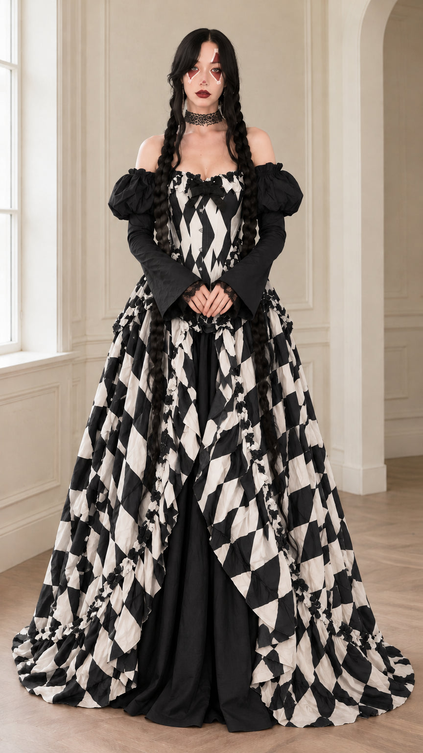 Front full-length view of model wearing Black and white gothic harlequin ball gown