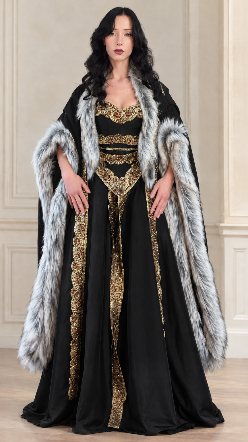 Black medieval Renaissance gown and gold embroidery set with fur trimmed cloak