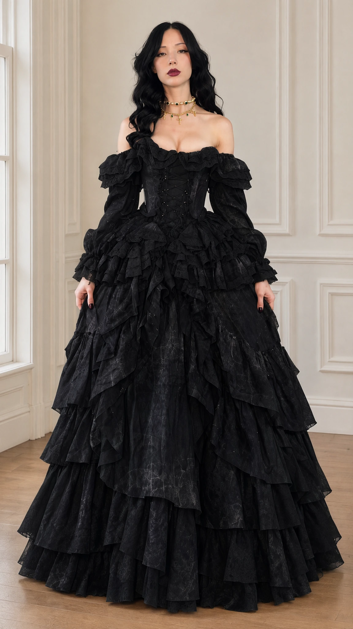 Front view of the tiered off-shoulder ball gown in black