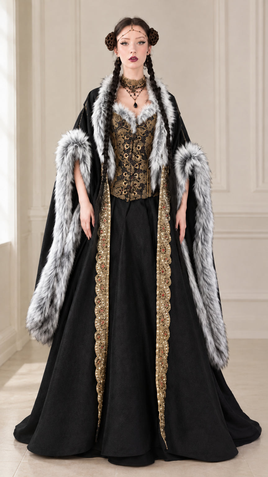 Black medieval royal court gown with brocade bodice and faux fur cape sleeves
