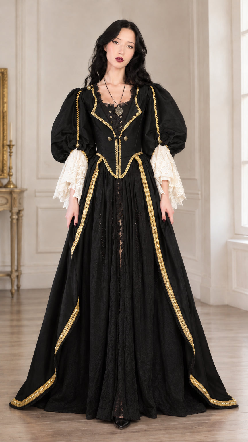 Full-length front view of the renaissance ball dress in classic black with gold trim
