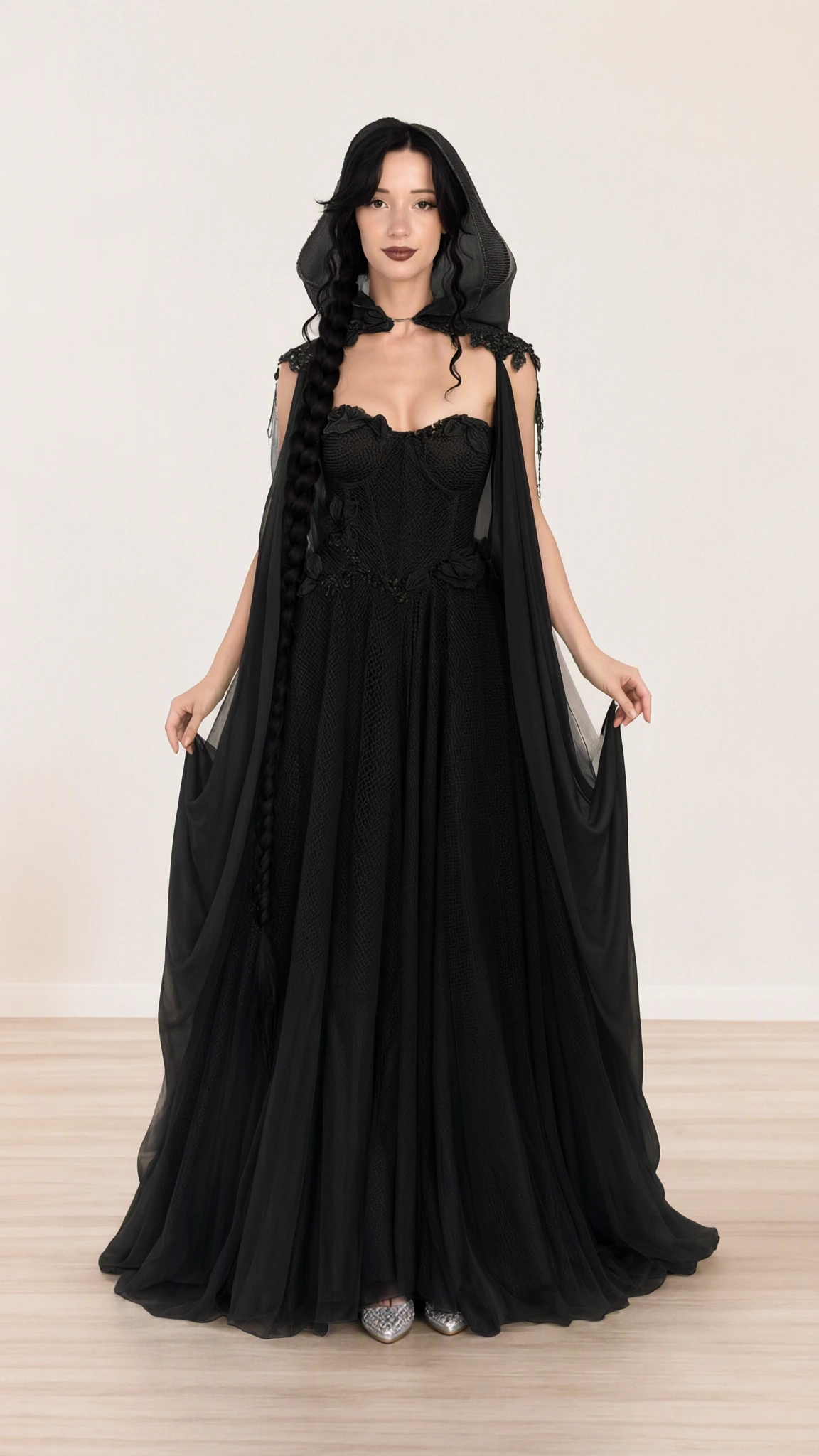 Full-length front view of black hooded corset maxi ball gown with floor-length cape